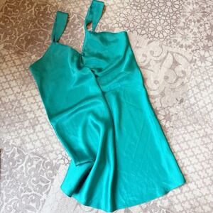 Y2K Teal Blue Satin Slip Dress‎ Size Medium V Neck Spaghetti Strap Mini Romantic